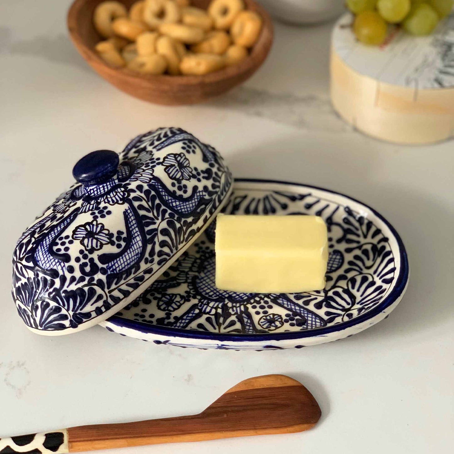 Image of Handmade Blue Flower Pottery Butter Dish