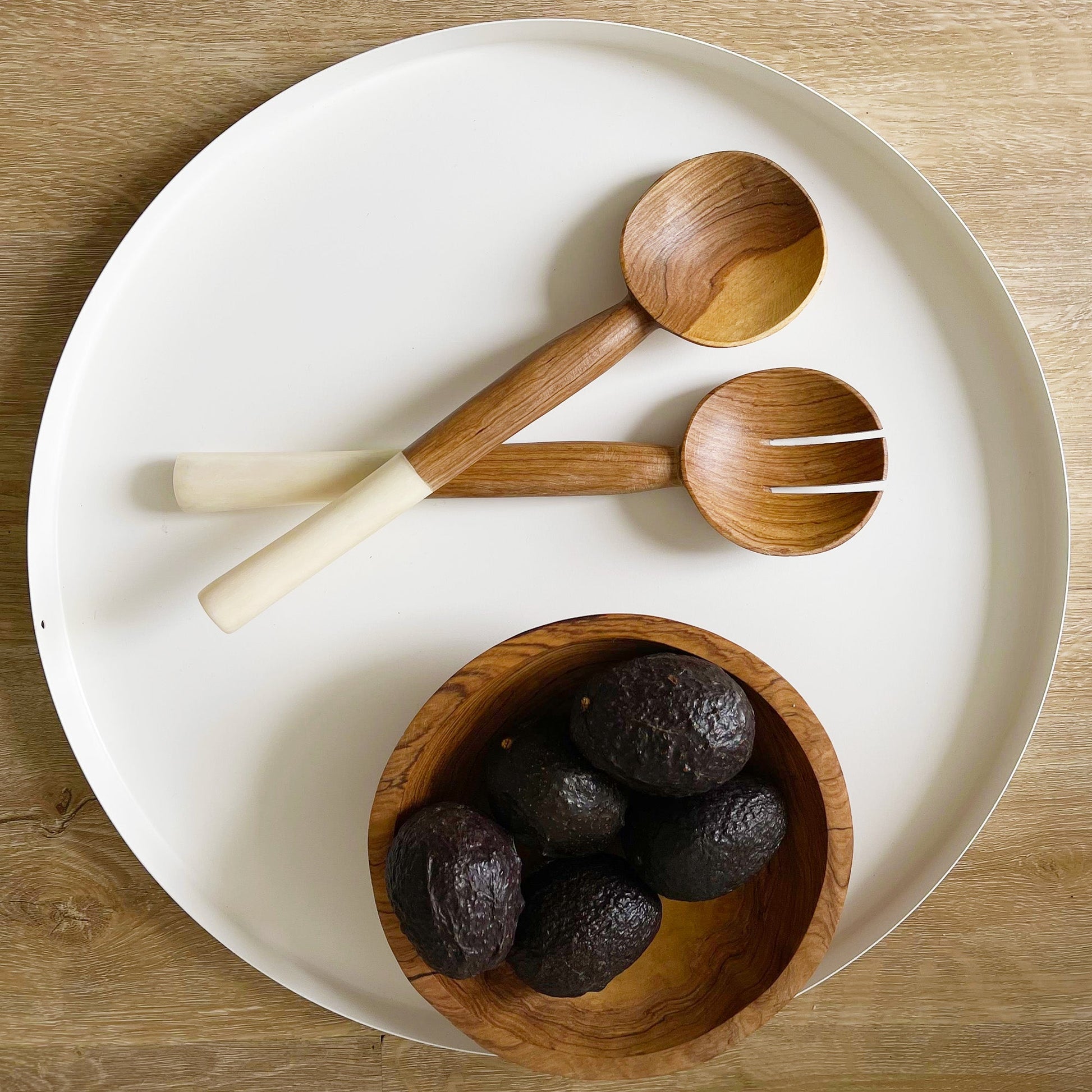 Image of Olive Wood Salad Servers with White Bone Handles
