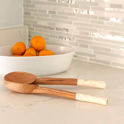 The Serengeti Etched Wood and Bone Salad Server Set
